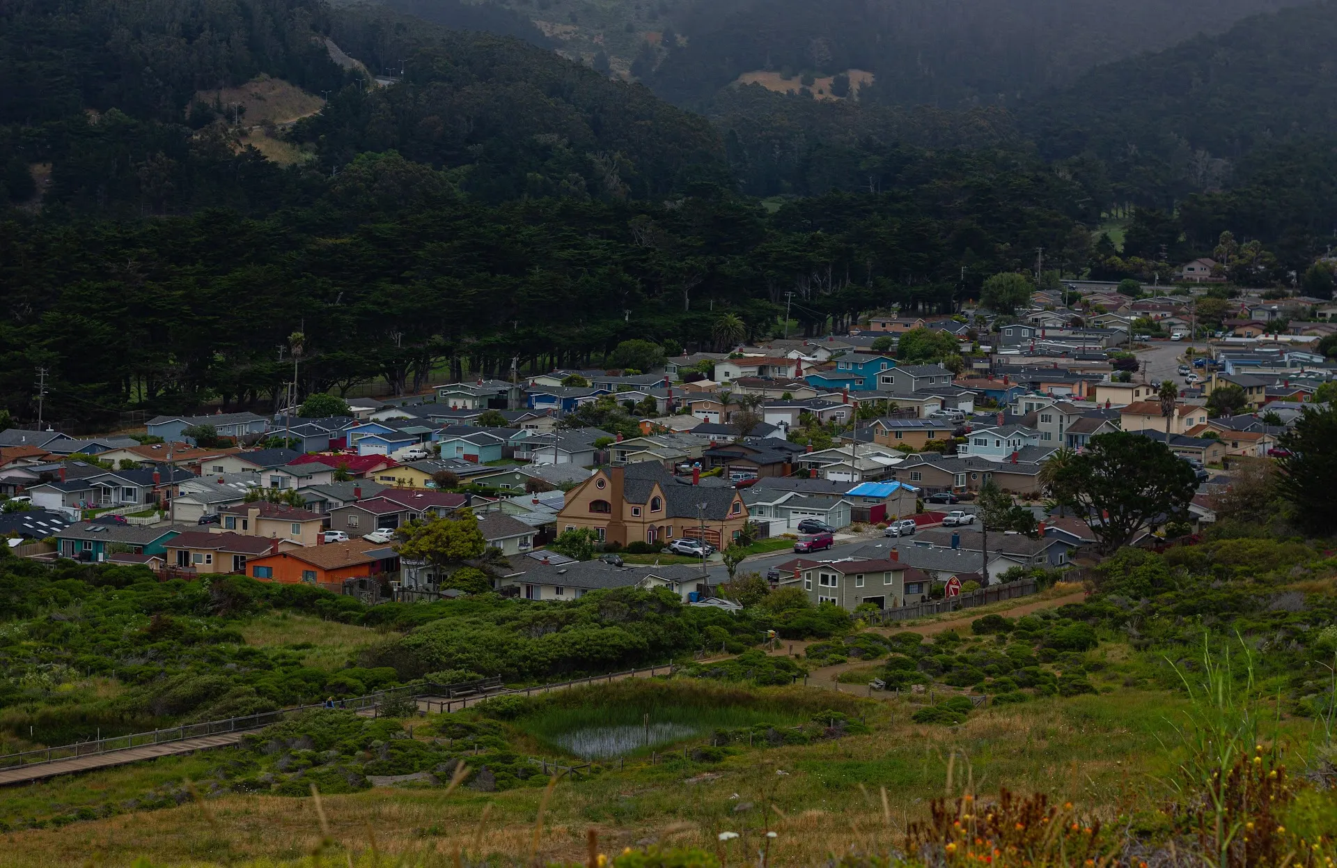 View of Pacifica neighborhood from Mori Point hiking trail
